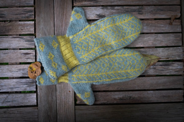 Mittens made with cruelty free wool naturally dyed with weld